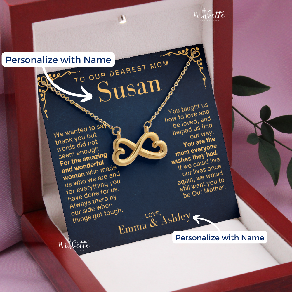 Mom, Amazing Woman - Infinity Hearts Necklace With Personalized Message Card (MM1-P)