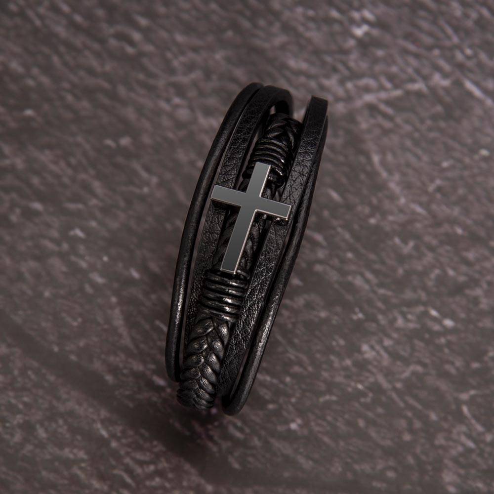 Black braided vegan leather bracelet with stainless steel cross for son.