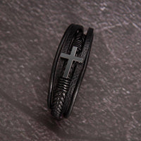 Thumbnail for Black braided vegan leather bracelet with stainless steel cross for son.