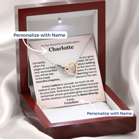 Thumbnail for Interlocking hearts necklace gift for granddaughter displayed in a luxury gift box with personalized message card about confidence, love, and never giving up – perfect sentimental gift from grandparent.