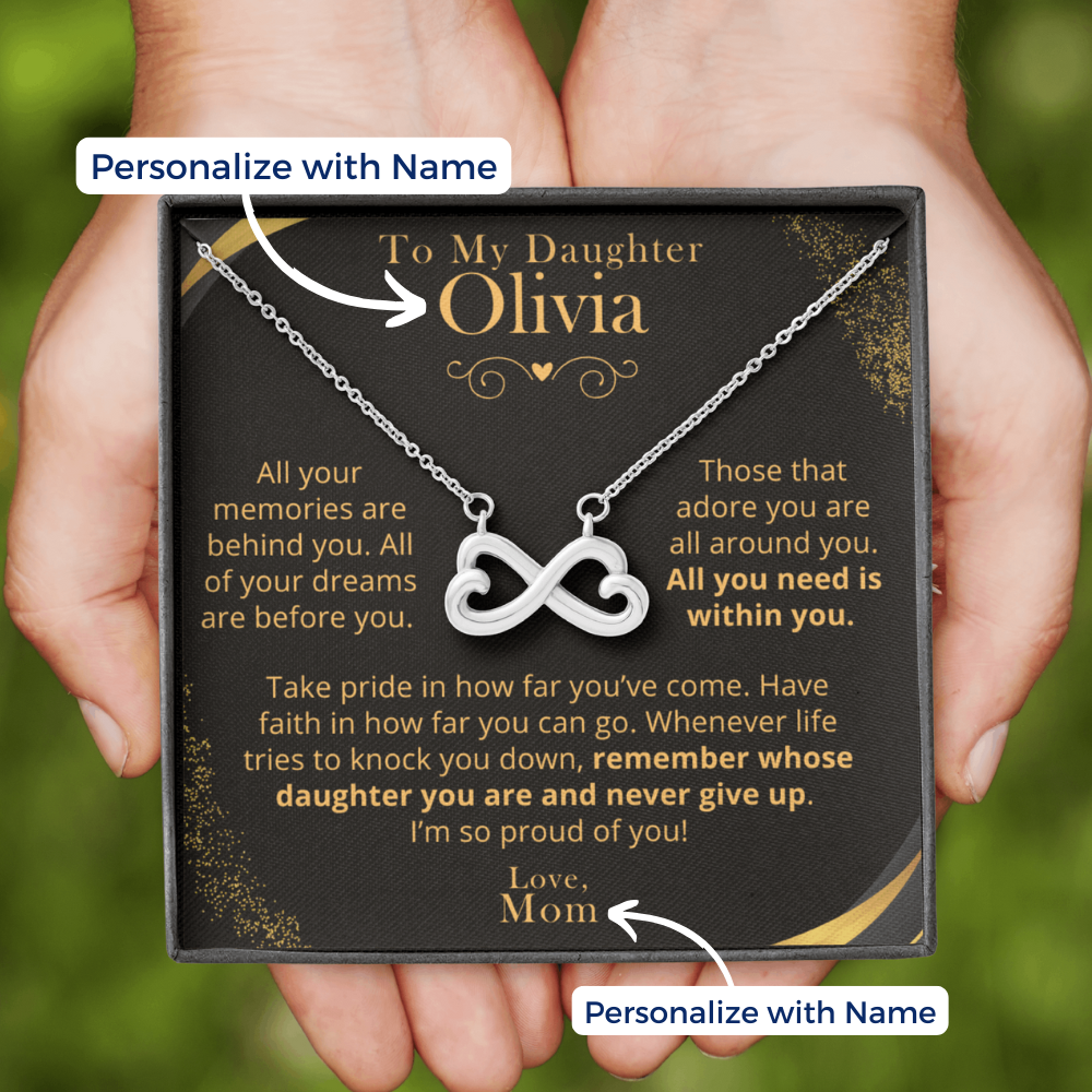 Daughter, Proud Of You - Infinity Hearts Necklace With Personalized Message Card (D14-P)