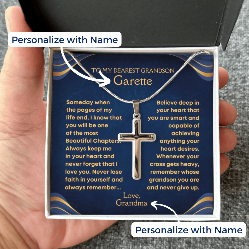 Personalized cross necklace for grandson with custom name and heartfelt message from grandma. Gift by Winkette Creations.