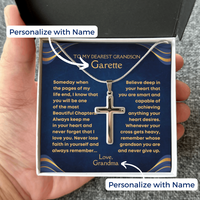 Thumbnail for Personalized cross necklace for grandson with custom name and heartfelt message from grandma. Gift by Winkette Creations.