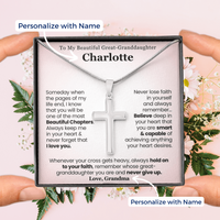 Thumbnail for Great-granddaughter Necklace with cross pendant in a personalized message box held by hands. 