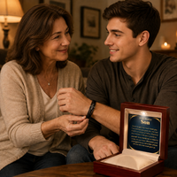 Thumbnail for Mother giving her adult son a black leather cross bracelet as a meaningful Christian gift for son.