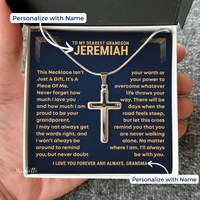 Thumbnail for Cross necklace in a gift box with personalized message, held by a hand. gift for grandson from grandfather
