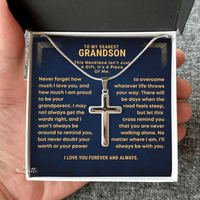 Thumbnail for Grandson Necklace with cross pendant in a heartfelt message card held by a hand