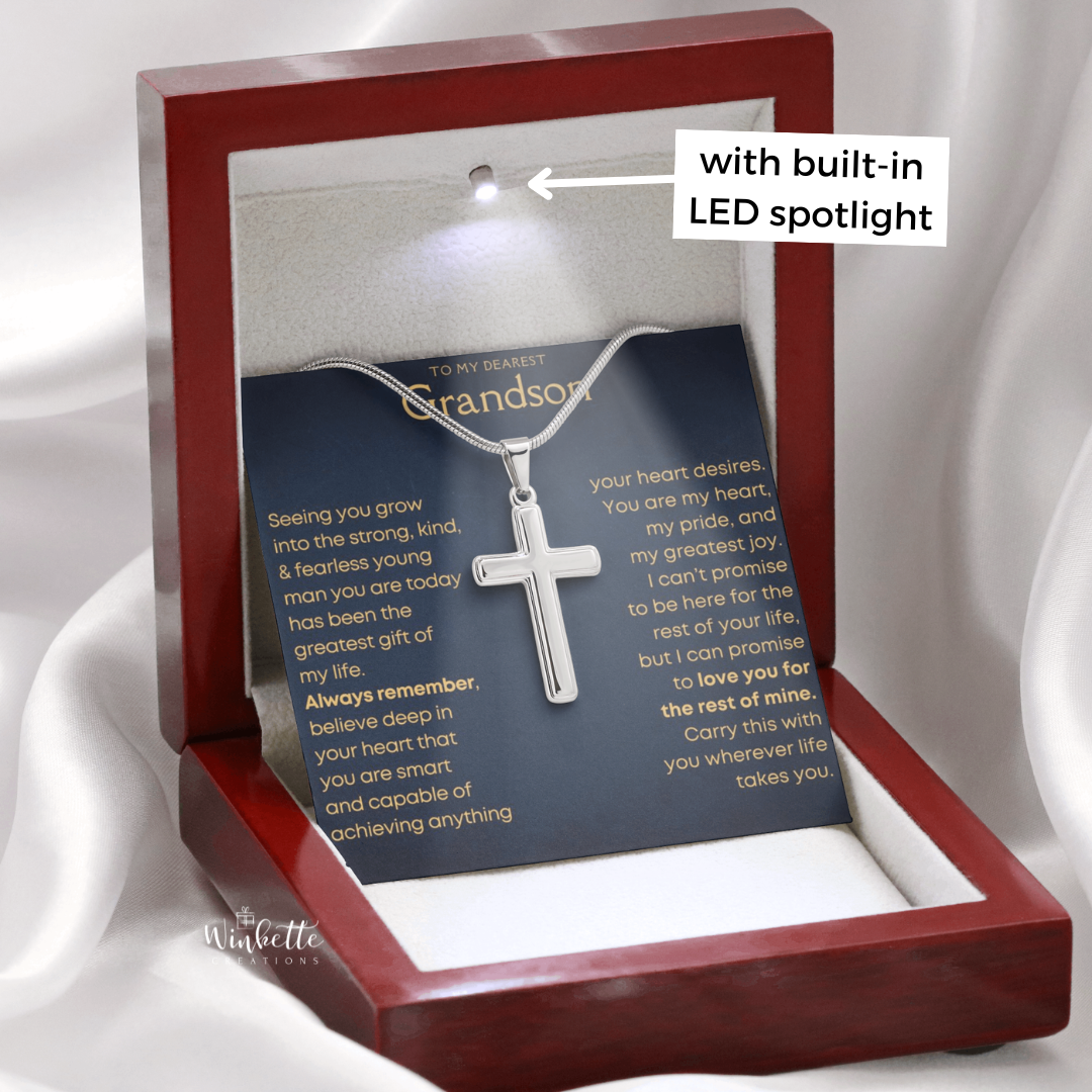 Silver cross necklace in a luxury wooden box with a message and LED spotlight.