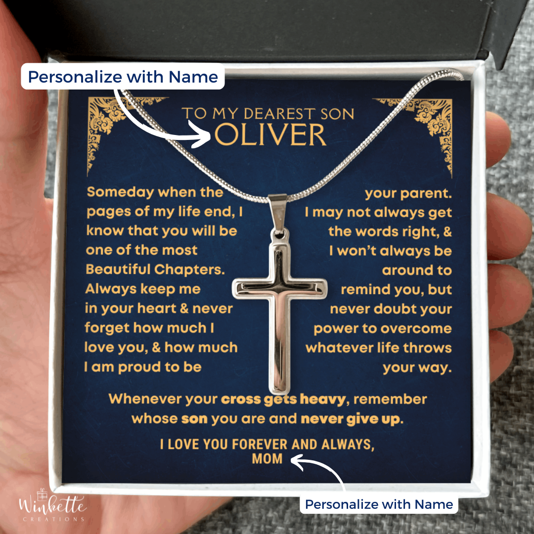 Son Necklace with cross pendant in a personalized message card held by a hand. Gift for son from mom dad