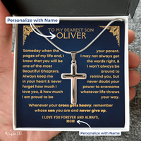 Thumbnail for Son Necklace with cross pendant in a personalized message card held by a hand. Gift for son from mom dad