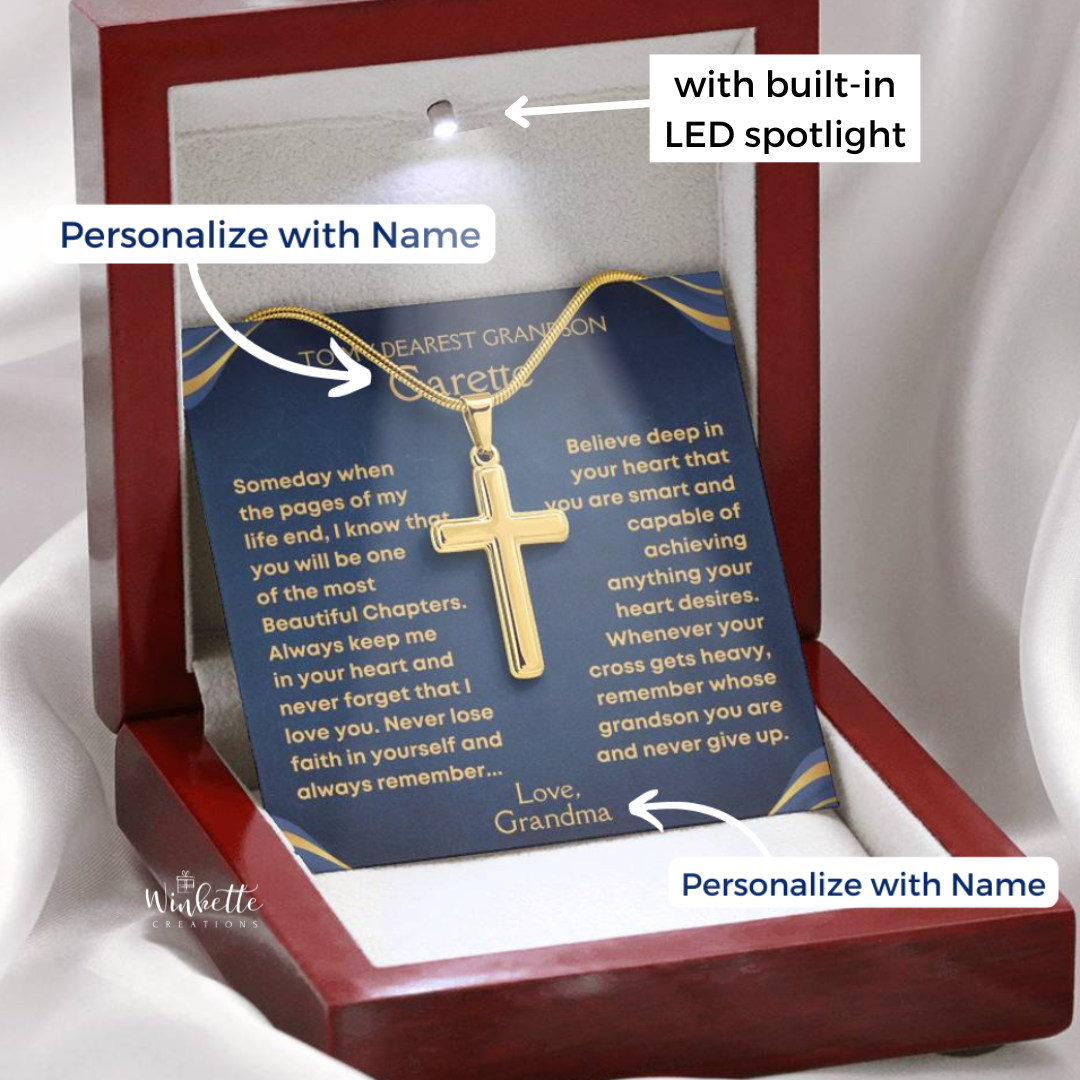 Grandson, Never Give Up - Gold Cross Necklace - Personalized (GS79-P)