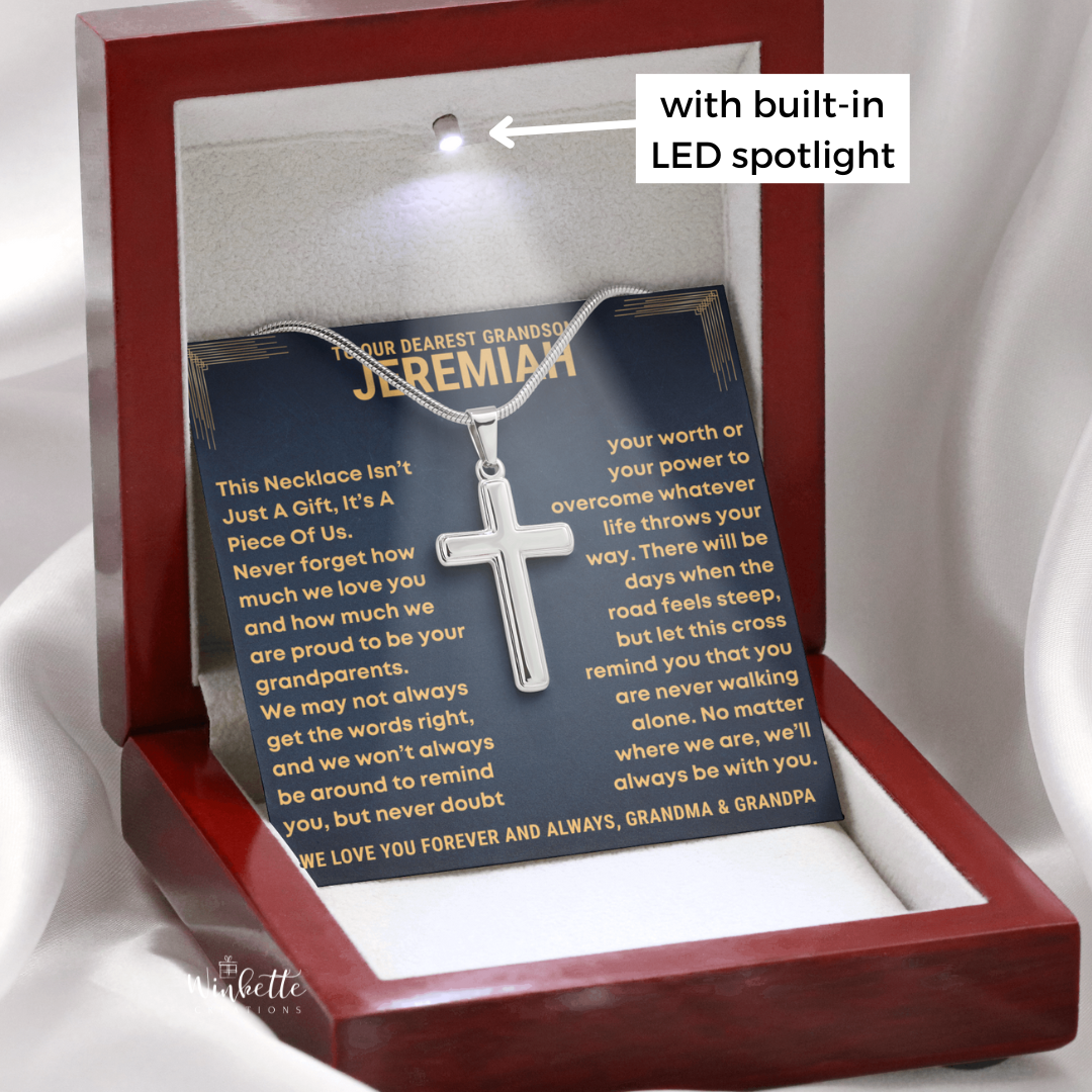 Grandson Necklace with cross pendant in a personalized message card with Luxury box. 