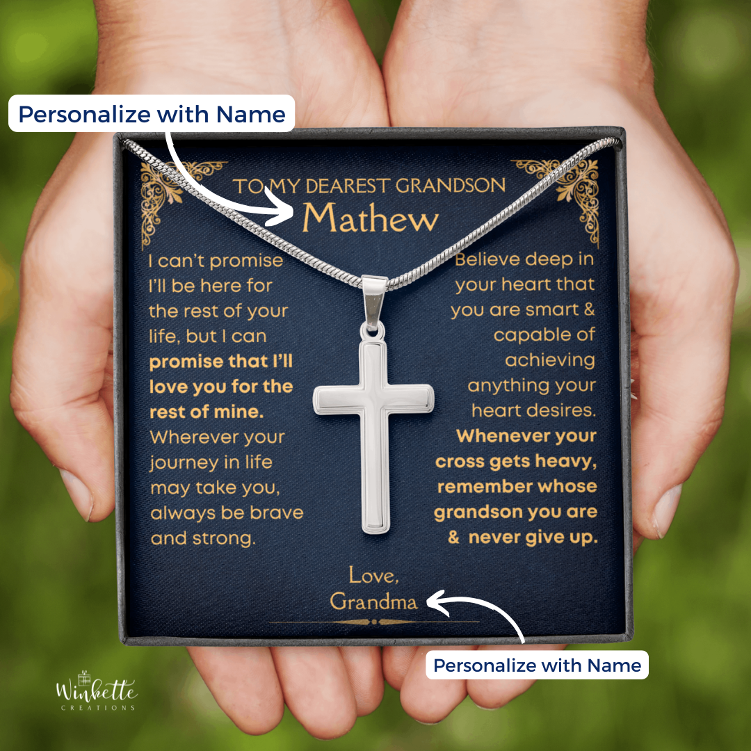 Personalized grandson cross necklace with sentimental message card gift from grandparents.