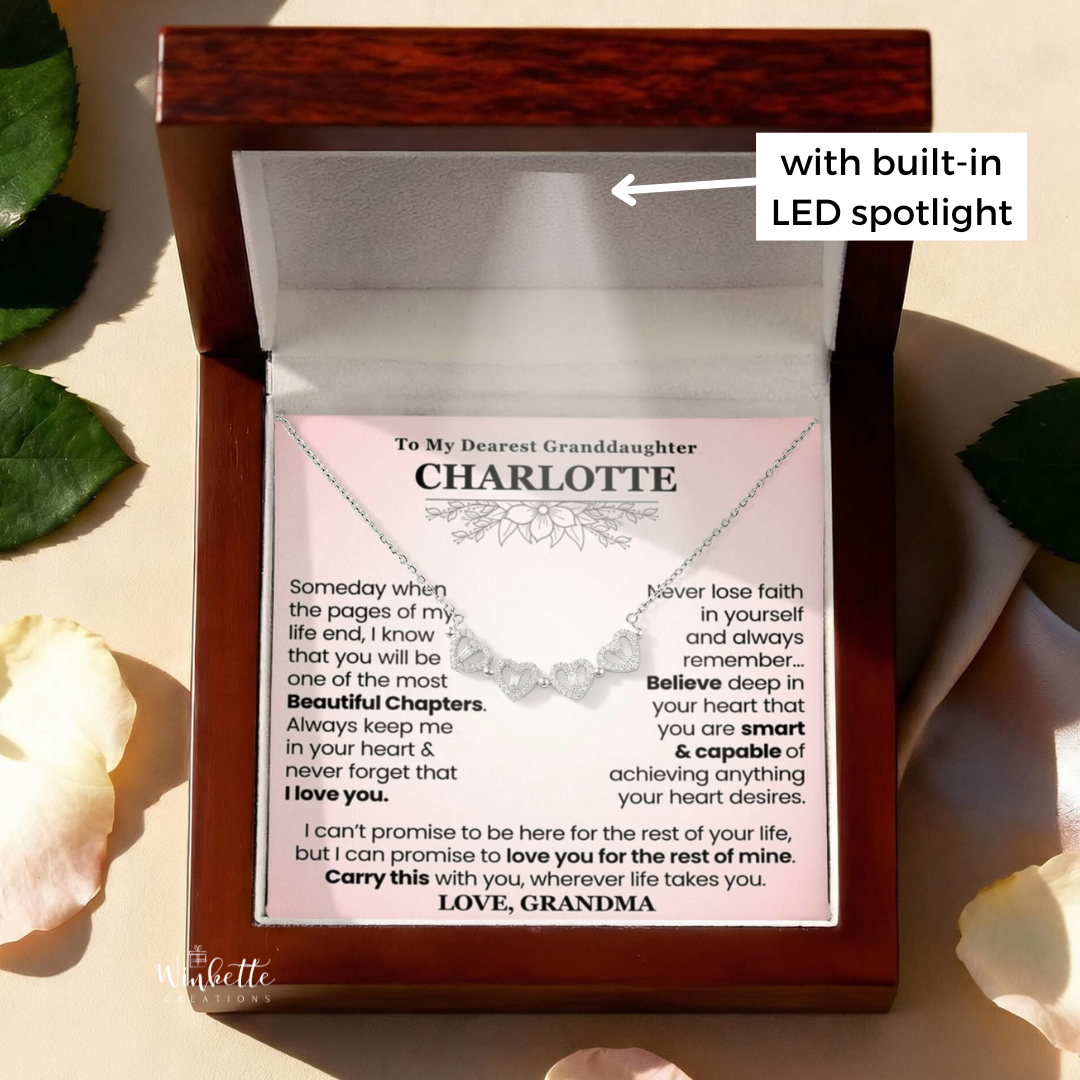 Personalized magnetic heart clover necklace in Lux gift box — granddaughter birthday gift