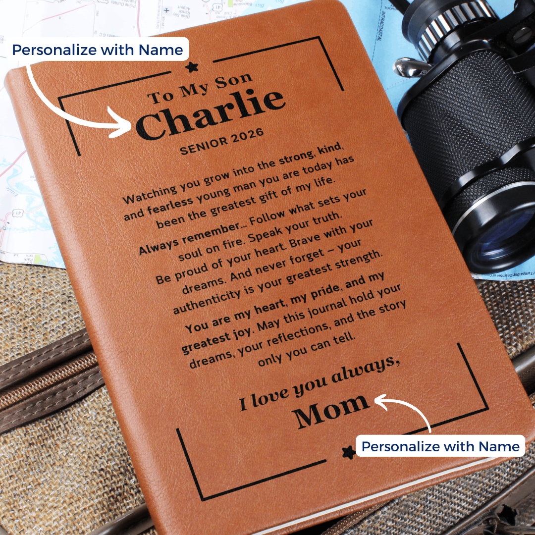 Leather journal with engraved cover – graduation gift for son to write his thoughts and prayers.