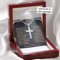 Thumbnail for Personalized cross necklace for grandson in luxury wooden gift box – white gold plated stainless steel keepsake.