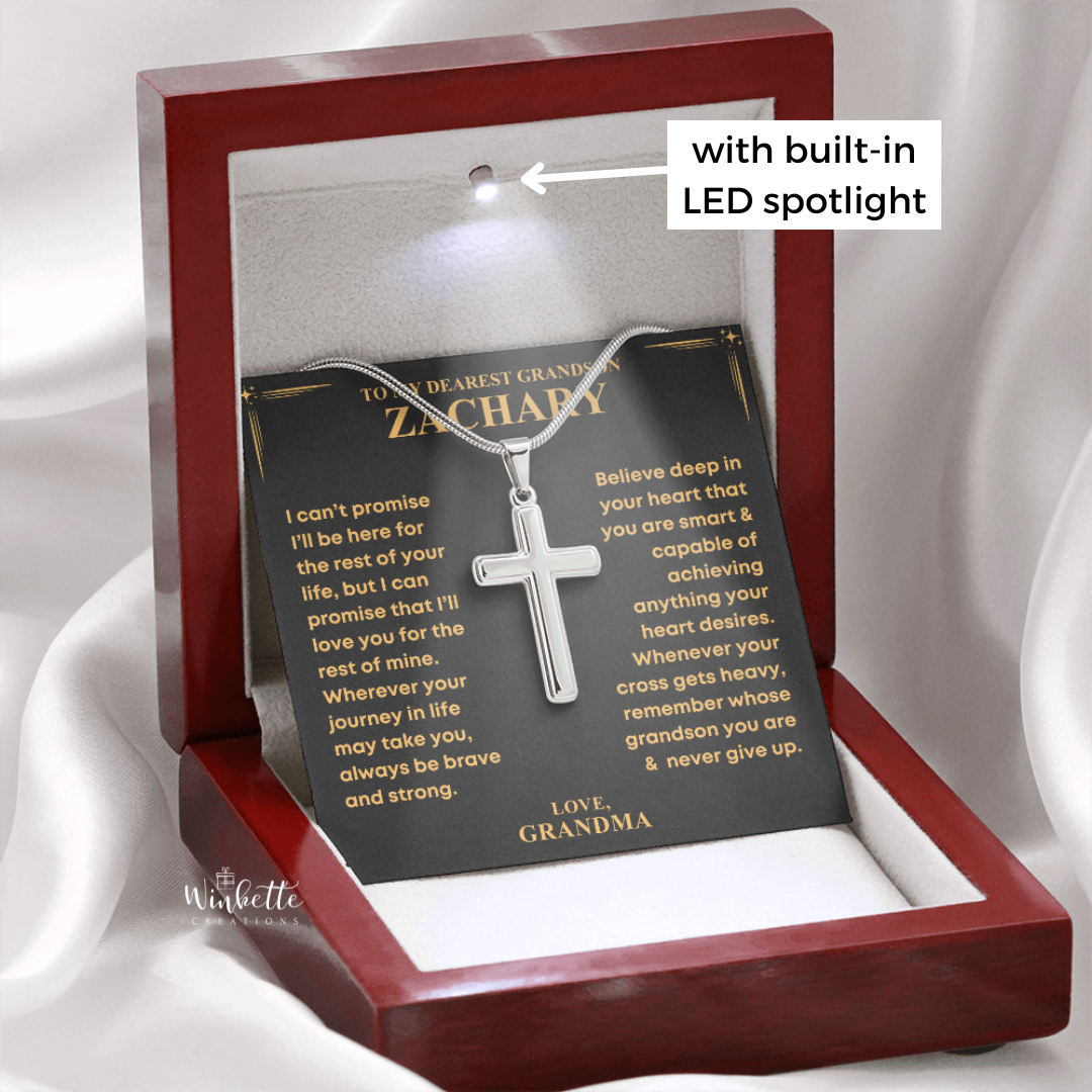 Personalized cross necklace for grandson and heartfelt message from grandma. Gift by Winkette Creations.