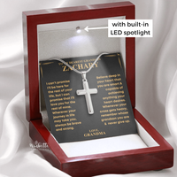 Thumbnail for Personalized cross necklace for grandson and heartfelt message from grandma. Gift by Winkette Creations.