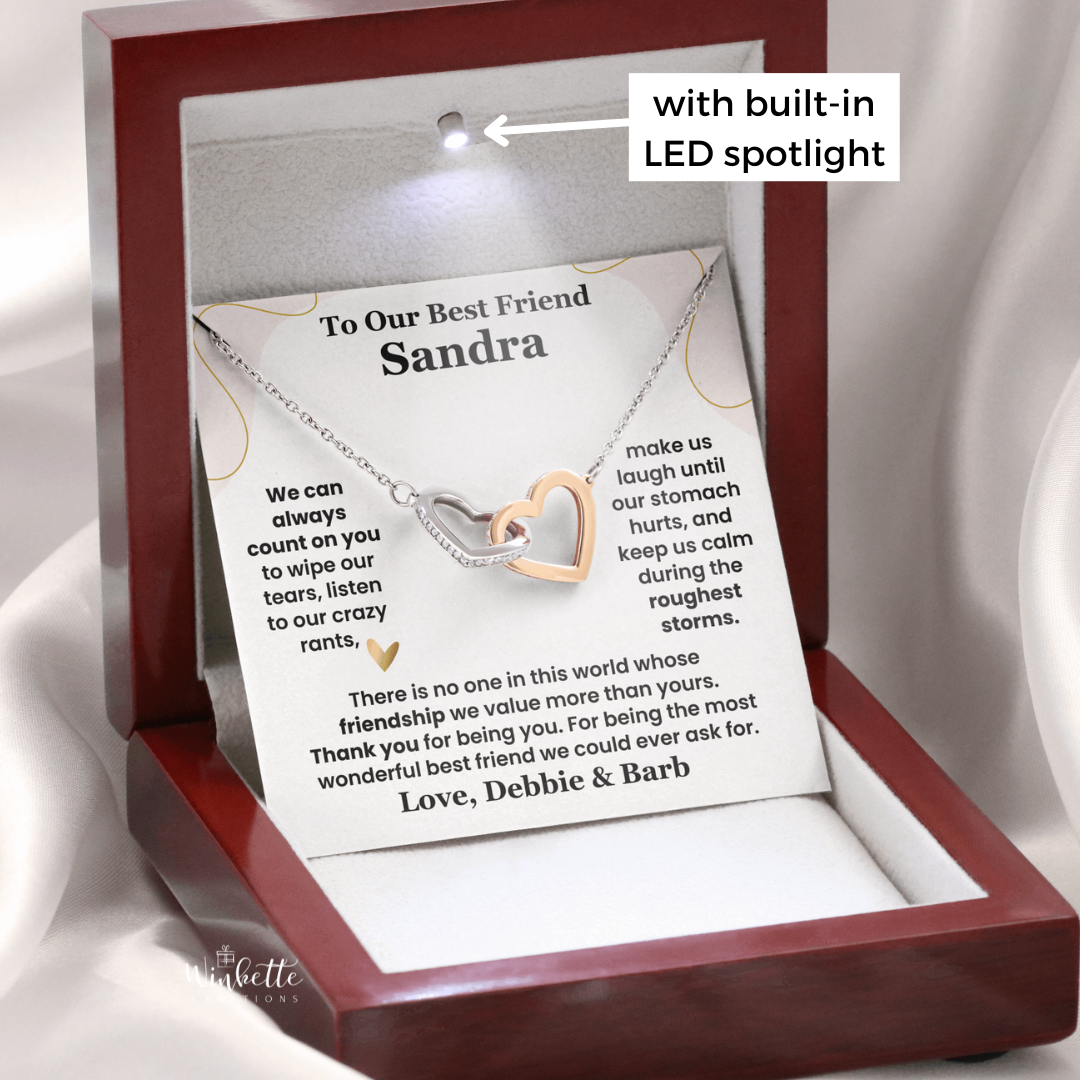 Interlocking hearts necklace gift for Best Friend displayed in a gift box with personalized message card about confidence and love – perfect sentimental gift from Best Friend.