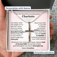 Thumbnail for Necklace with cross pendant in a personalized message card held by a hand. Gift for granddaughter from grandma grandpa