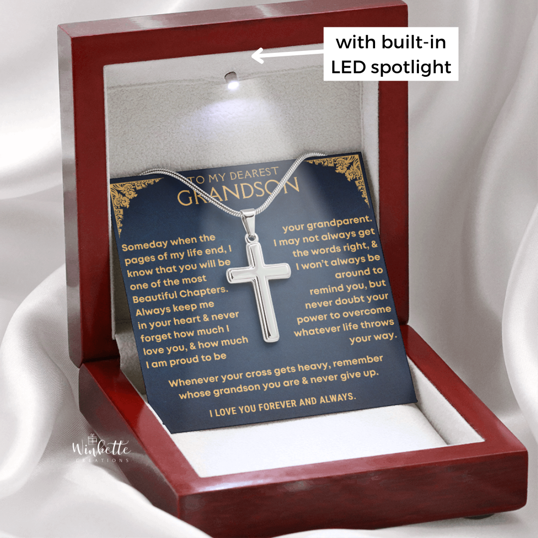 Grandson Necklace with cross pendant in a heartfelt message card with luxury box. 