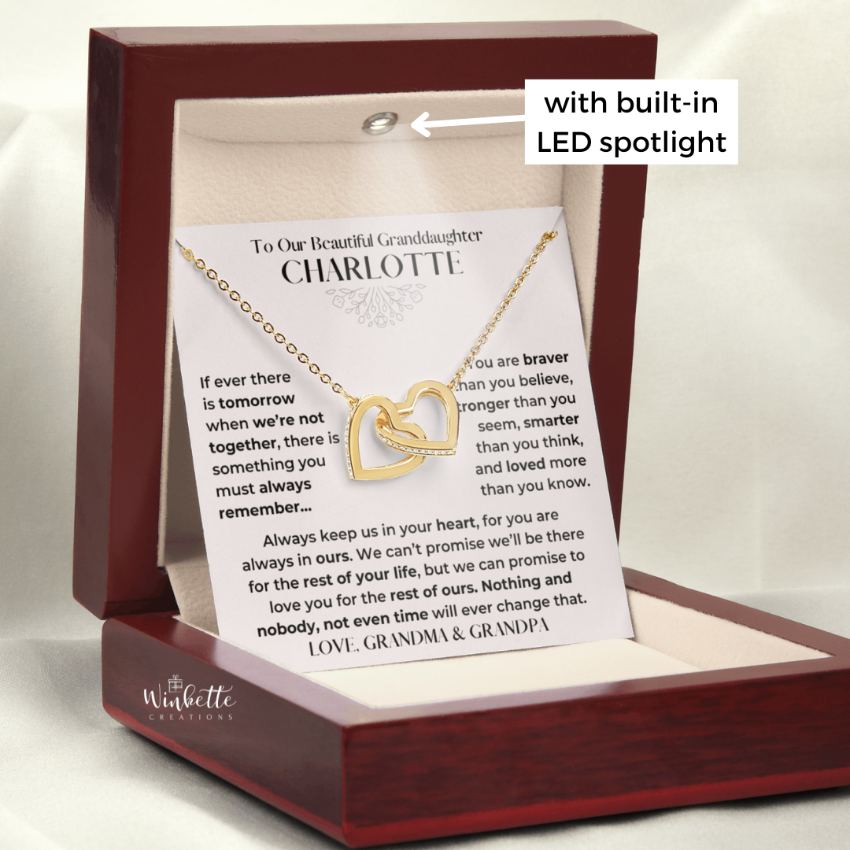 Granddaughter Necklace in a wooden display box with a built-in LED spotlight, featuring a sentimental message.