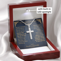 Thumbnail for Personalized grandson cross necklace in luxury LED gift box with heartfelt message card.