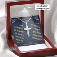 Thumbnail for Silver cross necklace in a luxury wooden box with a personalize message to a grandson, held by a hand. Gift for grandson from grandma grandpa.
