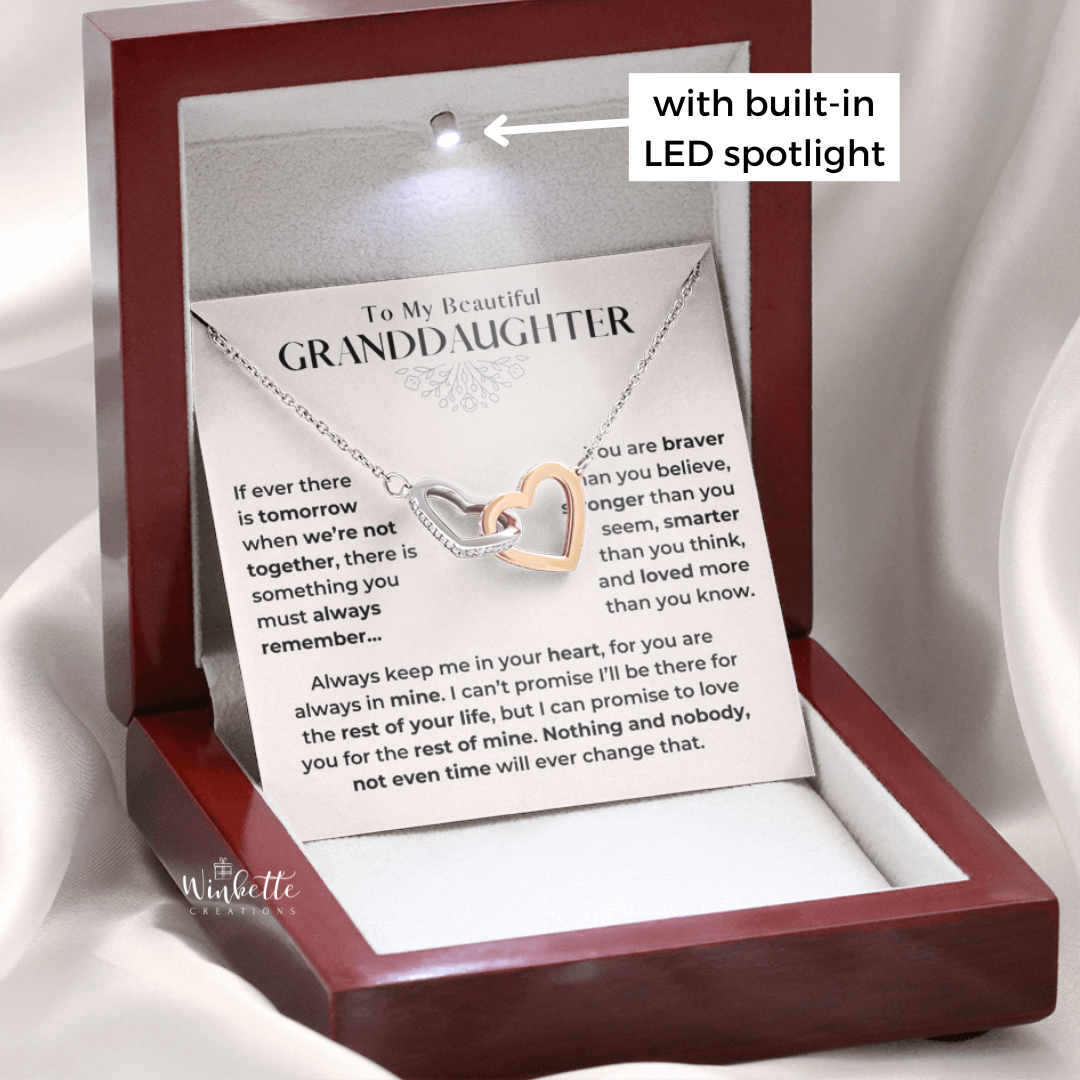 Granddaughter Necklace with heart design in a wooden box with a built-in LED spotlight. Gift for granddaughter