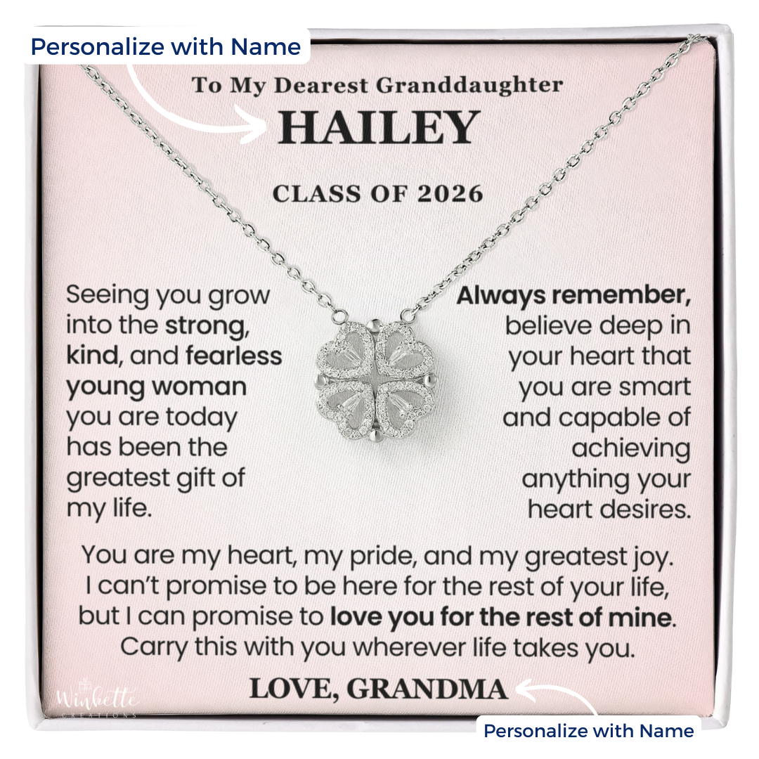 Granddaughter graduation necklace gift Class of 2026 with heartfelt personalize message card and white gold magnetic hearts pendant in gift box.