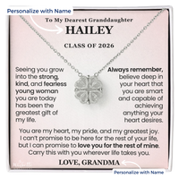 Thumbnail for Granddaughter graduation necklace gift Class of 2026 with heartfelt personalize message card and white gold magnetic hearts pendant in gift box.