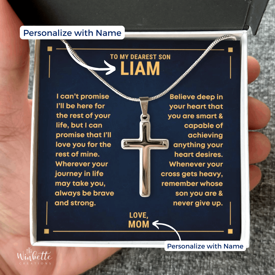 Son Necklace with cross pendant in a personalized message card held by a hand. Gift for son from mom dad