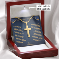Thumbnail for gold cross necklace in a luxury wooden box with a personalize message to a grandson, held by a hand. Gift for grandson from grandma grandpa