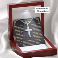 Thumbnail for Personalized grandson cross necklace in luxury LED gift box with heartfelt message card.