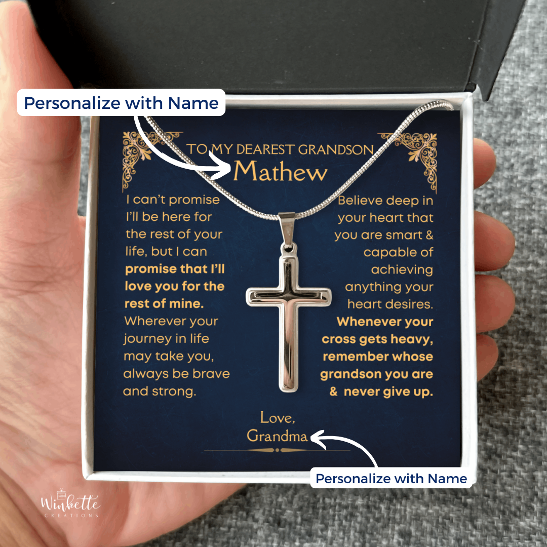 Personalized grandson cross necklace with sentimental message card gift from grandparents.