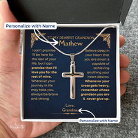 Thumbnail for Personalized grandson cross necklace with sentimental message card gift from grandparents.