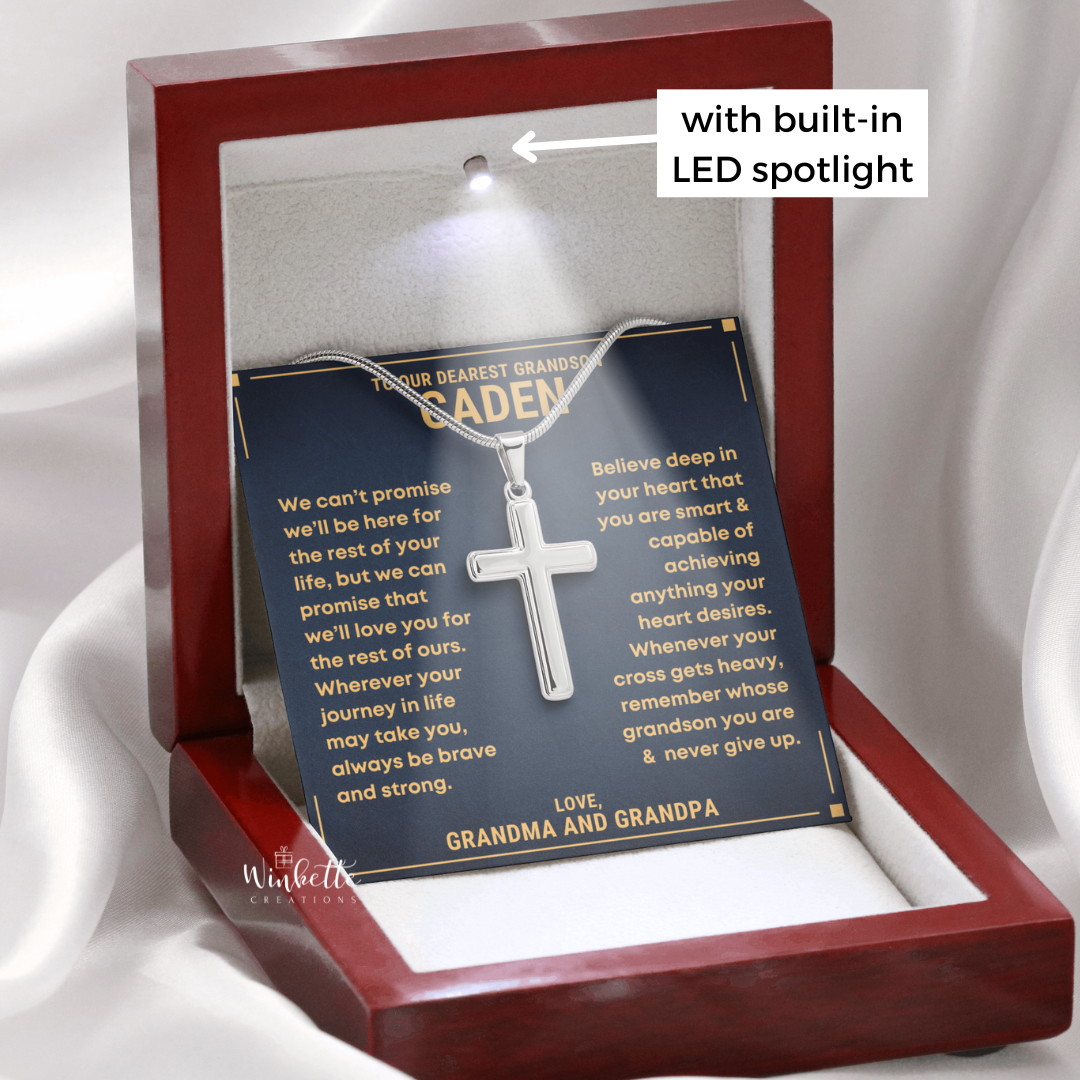 Personalized cross necklace for grandson and heartfelt message from grandma. Gift by Winkette Creations.