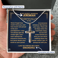 Thumbnail for Cross necklace in a gift box with personalized message, held by a hand. gift for grandson from grandfather
