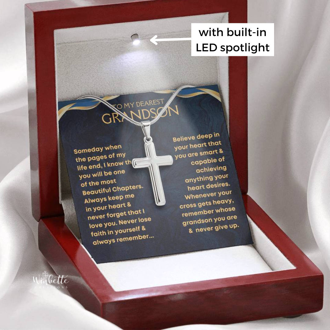 Personalized cross necklace gift box. Luxury packaging for grandson gift.