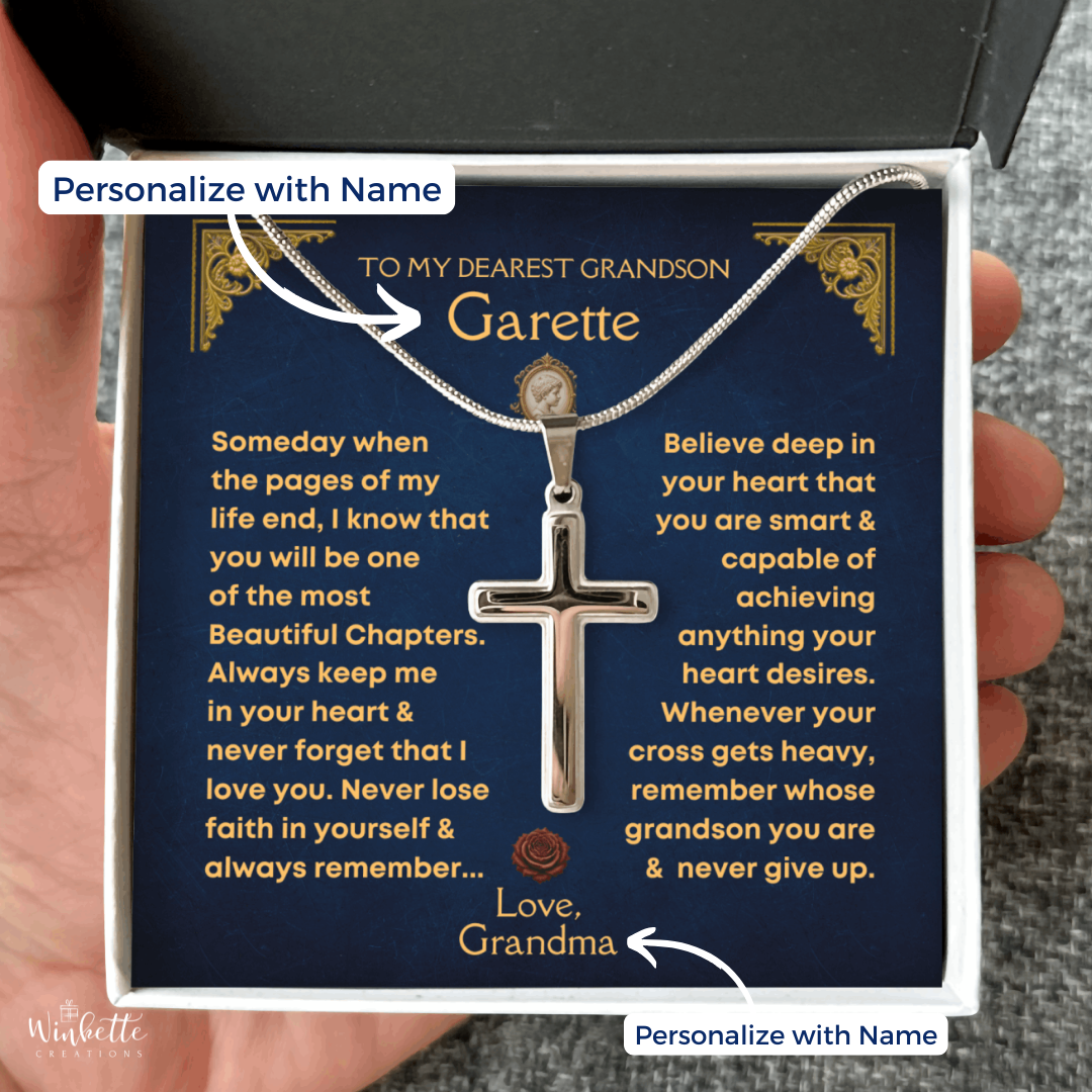 Personalized grandson cross necklace with sentimental message card gift from grandparents.