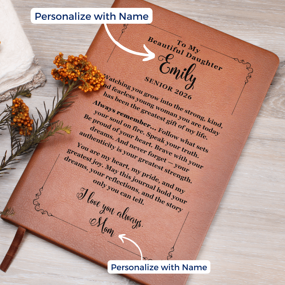 Personalized leather journal with heartfelt message for a graduation gift for daughter from mom or dad