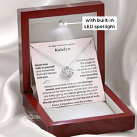 Thumbnail for Love knot necklace for granddaughter in luxury LED gift box with personalized message card from grandma and grandpa.