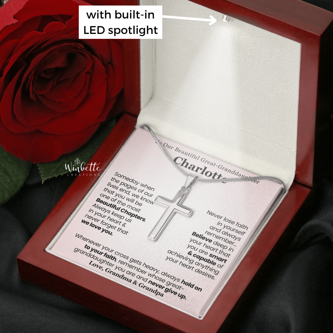 Great-granddaughter Cross necklace in a luxury box with a rose, labeled 'Winkette' and featuring an LED spotlight.