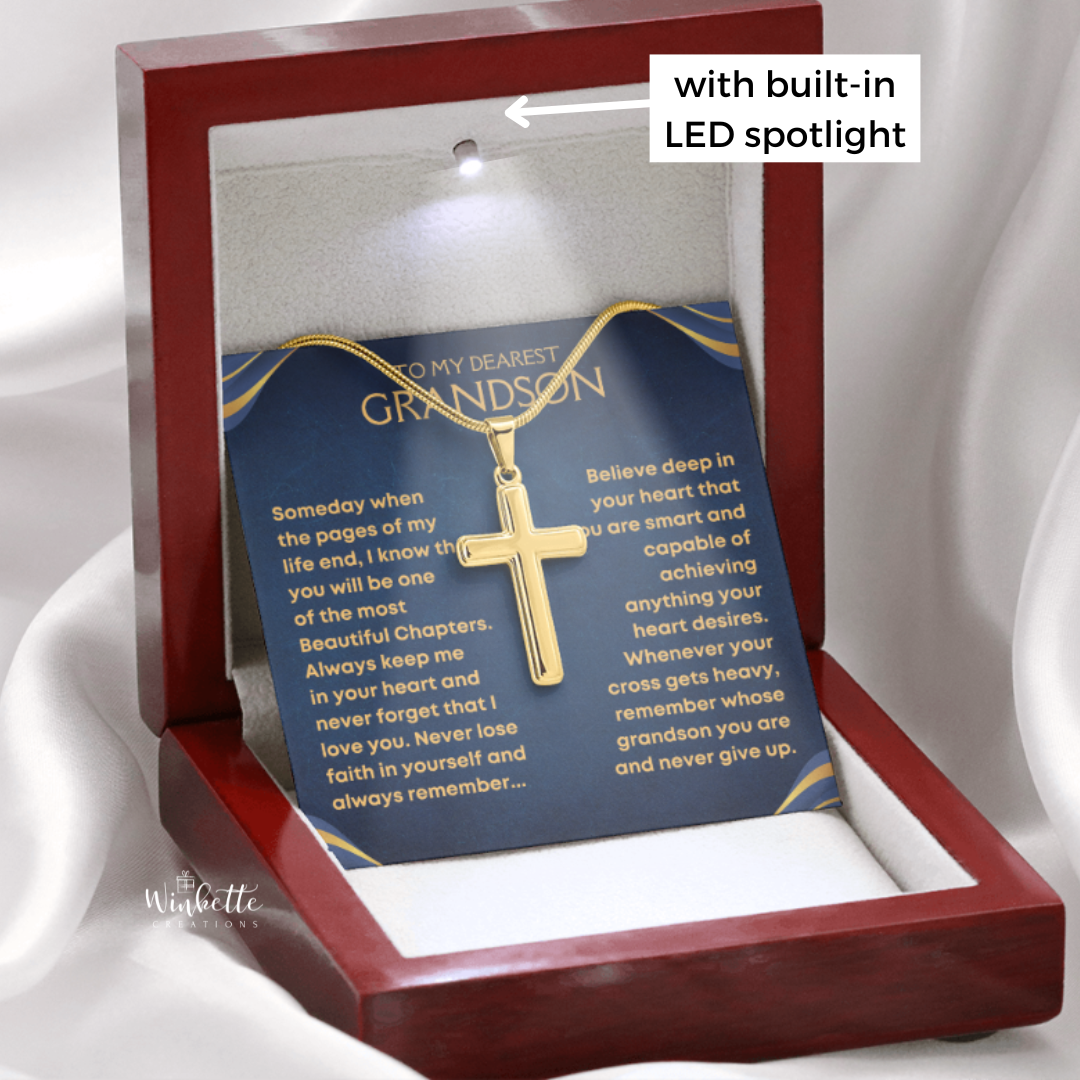 Grandson, Never Give Up - Gold Cross Necklace (GS79)