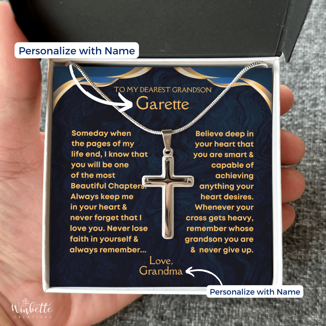 Personalized cross necklace for grandson in classic gift box – silver stainless steel with custom message card.