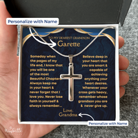 Thumbnail for Personalized cross necklace for grandson in classic gift box – silver stainless steel with custom message card.