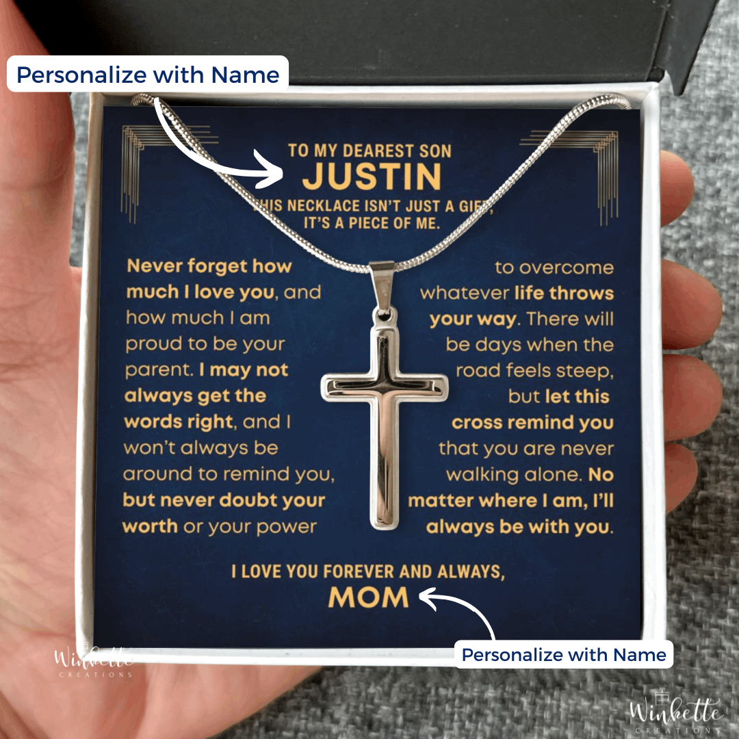Son Necklace with cross pendant in a personalized message card held by a hand. Gift for son from mom dad