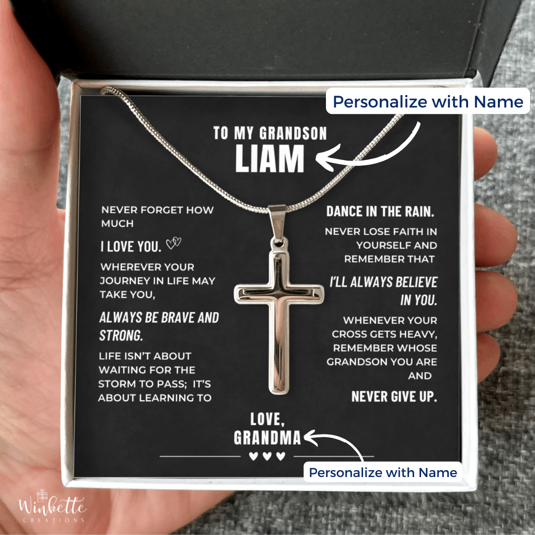 Grandson, Brave And Strong - Cross Necklace  - Personalized (GS104-P)