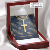 Thumbnail for Gold cross necklace in a red display box with a sentimental message card, featuring a built-in LED spotlight. gift for grandson from nana pop pop