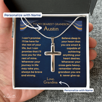 Thumbnail for Silver cross necklace in a gift box with a personalized message to a grandson, held by a hand. Gift for grandson from grandma grandpa